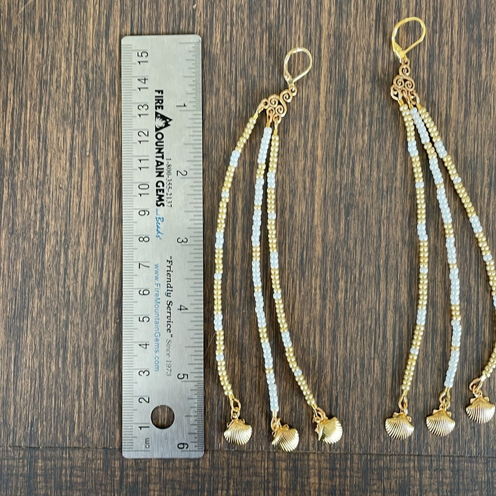 HAND CRAFTED SHOULDER DUSTER EARRINGS Statement Gold Pearl White 6” - Picture 3 of 10